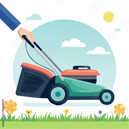 Person Using a Lawn Mower on a Sunny Day