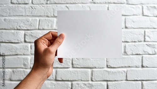 Hand holding blank white paper against white brick wall
