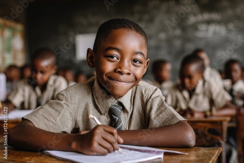 A young Black South African boy in school uniform smiling while writing in his notebook at a classroom desk, with other students studying in the background, joyful and focused expression