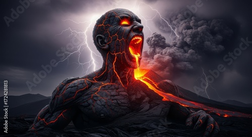 Volcanic Humanoid Erupting Lava and Fire Under a Stormy Sky with Lightning.