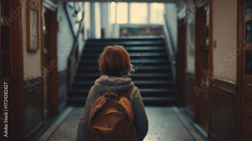 Fototapeta Naklejka Na Ścianę i Meble -  Child walking away towards staircase in a school hallway with wooden walls and natural light illuminating the space creating a calm and inviting atmosphere.