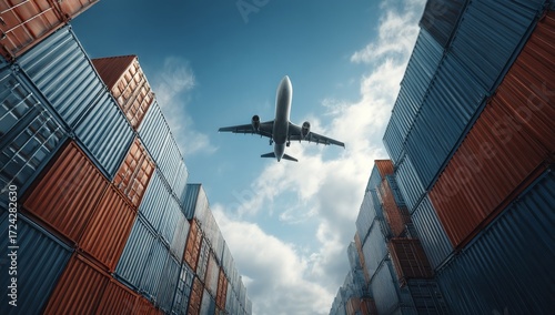 A plane flying over shipping containers, ground-up view against blue sky, wide-angle, photorealistic, shot on Sony Alpha A7 III, transport and global logistics concept.