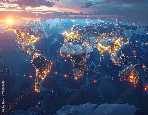Global network map at sunrise
