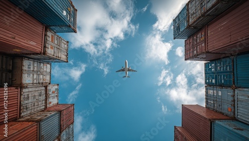 A plane flying over shipping containers, ground-up view against blue sky, wide-angle, photorealistic, shot on Sony Alpha A7 III, transport and global logistics concept.