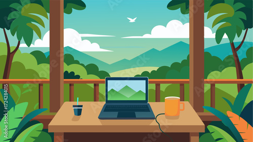 A laptop on a veranda overlooks a tropical rainforest the sounds of nature providing the perfect soundtrack to work.. Vector illustration