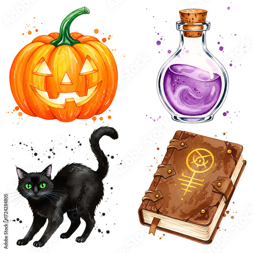 Artistic Watercolor Halloween Set. Collection of hand drawn clip art: pumpkin, black cat, magic potion, spellbook. Isolated illustrations.