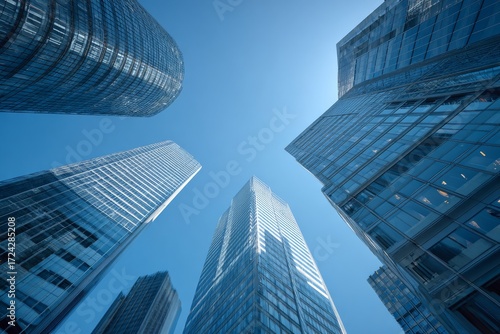 Photorealistic image of tall glass skyscrapers forming an abstract star shape against a blue sky, viewed from the ground looking up, overhead perspective, high-resolution architectural background