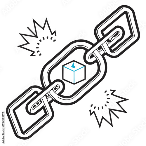Conceptual vector icon illustrating the power and security of distributed ledger technology with a strong chain link and cube symbol