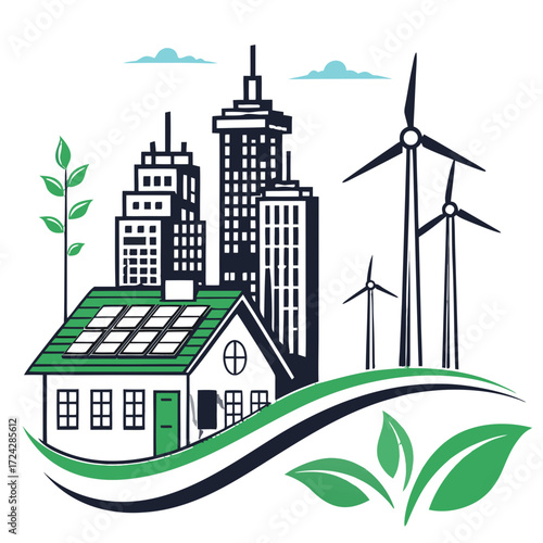 Vector illustration showing a concept for a sustainable green city with renewable energy sources like wind turbines and solar panels