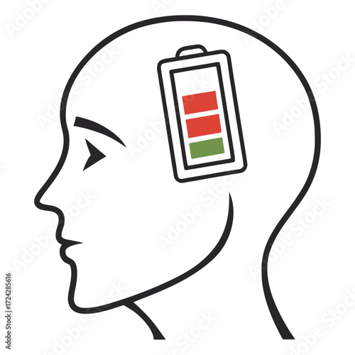 Conceptual illustration of a human head profile with a battery icon inside representing mental energy level, cognitive power, and psychological burnout