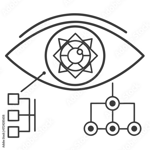 Modern line art illustration depicting an eye as a symbol for computer vision and AI, connected to expanding data networks and deep learning processes