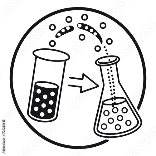 Vector illustration of a chemical experiment showing the transformation of a substance from a test tube to a flask