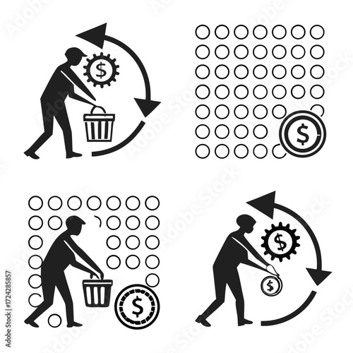 Abstract vector icons illustrating economic cycles of value extraction, data processing, and resource management within a dynamic financial system