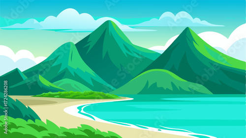 Lush green mountains rise in the distance providing a stunning contrast to the white sand and turquoise waters.