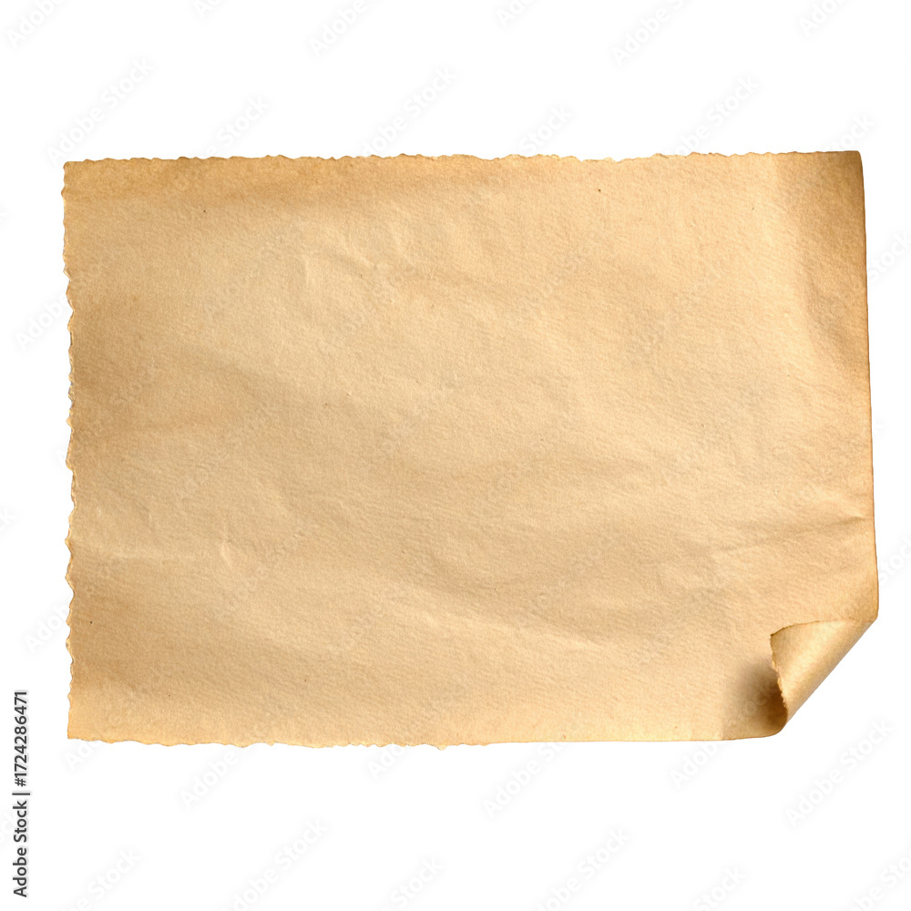 Fototapeta premium A rectangular torn piece of aged, light brown parchment paper The edges are irregular