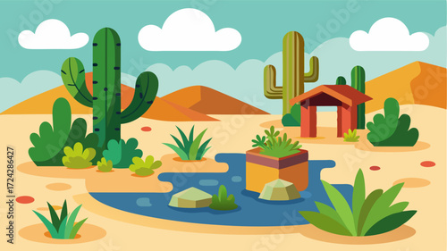 Despite the harsh conditions small gardens of cacti and hardy desert plants thrive in the outpost providing a splash of green in the sea of sand.