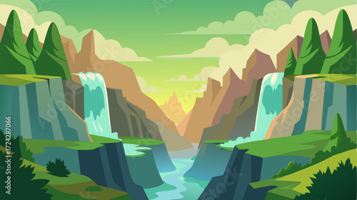 A tranquil valley surrounded by jagged cliffs and steep waterfalls creating a verdant oasis.