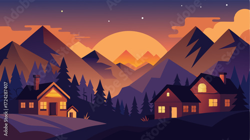 As the sun sets behind the mountains the village comes alive with warm lights shining from its cozy homes.