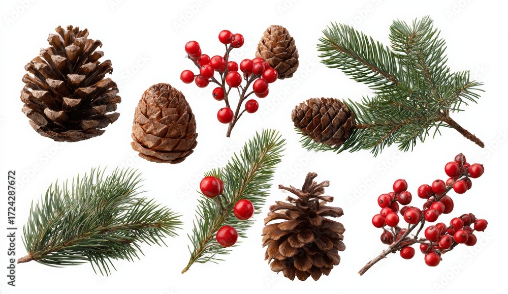 Fototapeta premium A set of pine branches, cones, and red berries isolated on a white background. Christmas decorations flat lay, hand-drawn oil painting cartoon style, vector PNG, high detail,