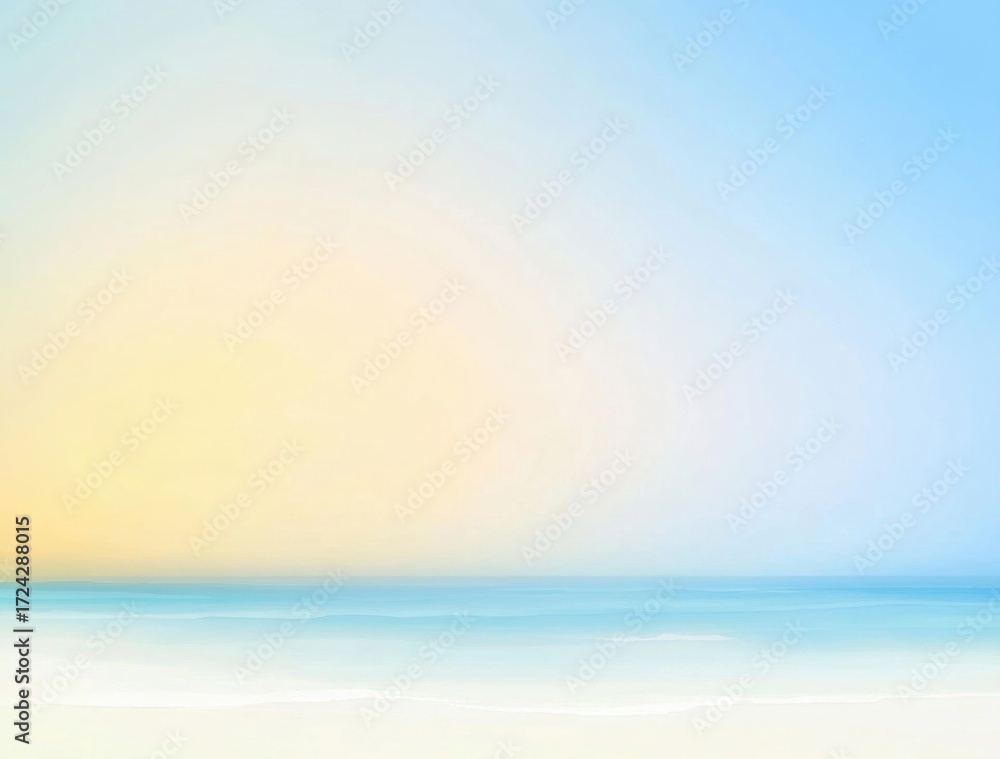 Obraz premium Serene Beach Sunset with Calm Turquoise Ocean, Golden Sand, and Gradient Sky. Perfect for Summer Vacation, Travel, Relaxation, Nature Background, and Scenic Landscape Concepts.