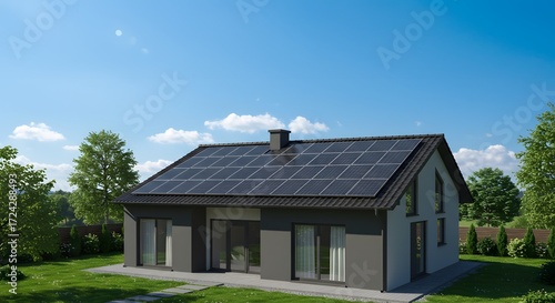 A house with solar panels on the roof, signifying eco-friendliness and sustainable energy. The house sits on a lush green lawn, with trees and a bright blue sky.
