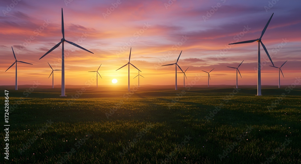 Obraz premium A scenic sunset illuminates a field of wind turbines. The majestic structures stand tall amidst a backdrop of vibrant colors.