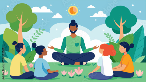 A freelance meditation instructor leads a class in the garden teaching students how to find inner peace and connection with nature.. Vector illustration