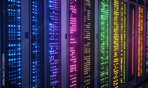 Colorful LED Server Racks Illuminating Data Center with Dynamic Light Display