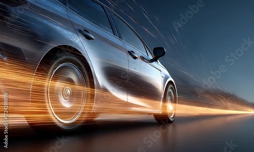 Modern Sedan Driving at Night with Motion Blur and Light Trails