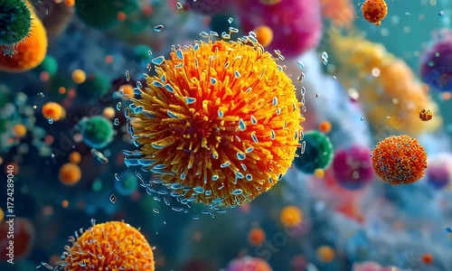 Colorful virus particles floating in fluid with detailed closeup and macro focus