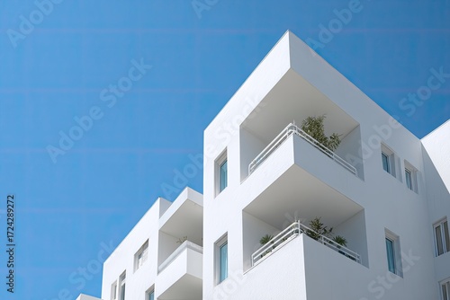 Modern white apartment building against a clear blue sky (2)