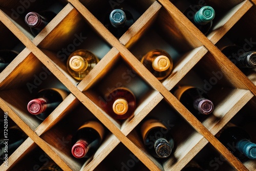 Wine bottles neatly arranged in a wooden wine rack