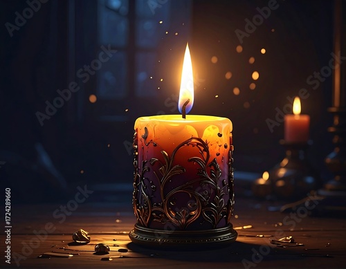 Glowing candle in dark room