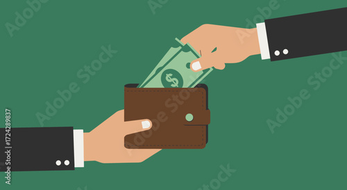 Vector illustration of a hand putting money into a wallet, perfect for financial, banking, and business concepts; available as a high-quality PNG file.