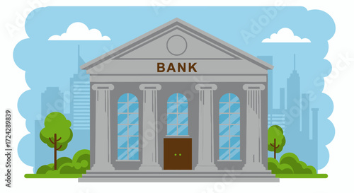 A vector illustration depicts a classic bank building with a prominent sign, set against a bright sky and cityscape, conveying stability and trust in financial services.