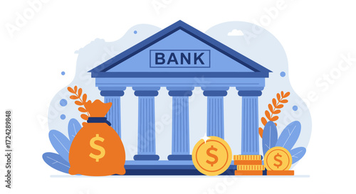 Modern flat illustration of a neoclassical bank building with columns, a money bag, and gold coins, symbolizing financial services and wealth.
