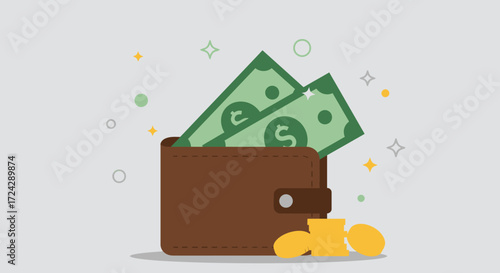 Brown leather wallet overflowing with US dollar banknotes and gold coins, symbolizing financial wealth and successful savings.