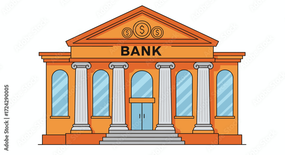 Fototapeta premium A classic bank building facade with imposing columns and the word BANK prominently displayed, symbolizing financial institutions and services.