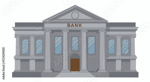 A clean, vector illustration of a classic bank building, presented in a flat design style, perfect for financial institutions and business-related projects, isolated on a white background.