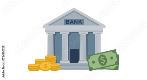 A modern vector illustration depicts a bank building with stacks of gold coins and dollar bills, representing finance, savings, and financial institutions against a clean white backdrop.