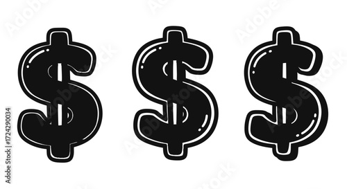 A vector illustration showcases three bold dollar sign icons, symbolizing financial transactions, banking, and economic prosperity in a modern, minimalist design.