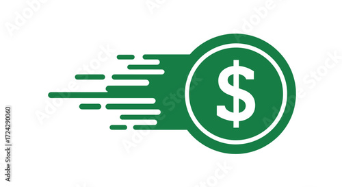 Fast money transfer concept: vector illustration of a dollar coin with motion lines, ideal for financial websites and mobile apps, available as a high-resolution PNG file.