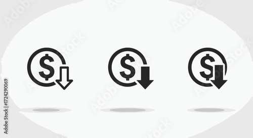 Set of three simple black icons representing a downward trending dollar sign within a circle, symbolizing financial loss or cost reduction.