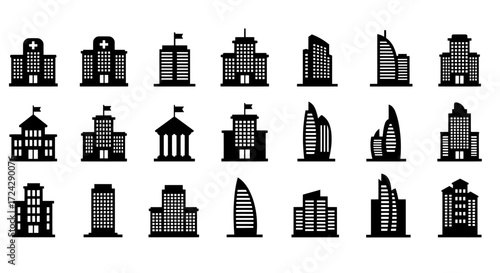 Collection of 24 vector PNG icons depicting various building types, including office blocks, hospitals, and government buildings, ideal for corporate branding and urban design projects.