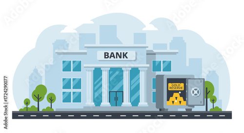 A vector illustration depicts a bank building with an open vault displaying gold bars, symbolizing financial security and wealth in a cityscape setting, perfect for business concepts.