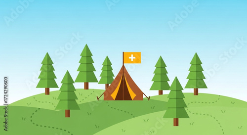 World Scout Day , the birthday of the Father of World Scouting Camping Adventure A Scenic Illustration of a Tent and Trees in a Peaceful Landscape
