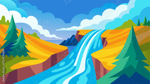 A vibrant display of natures power as the river rushes over a steep incline sending mist into the air.
