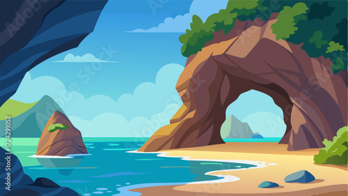 Deep within a secluded cove jutting rocks and natural arches create a stunning backdrop for a serene and secluded beach day.