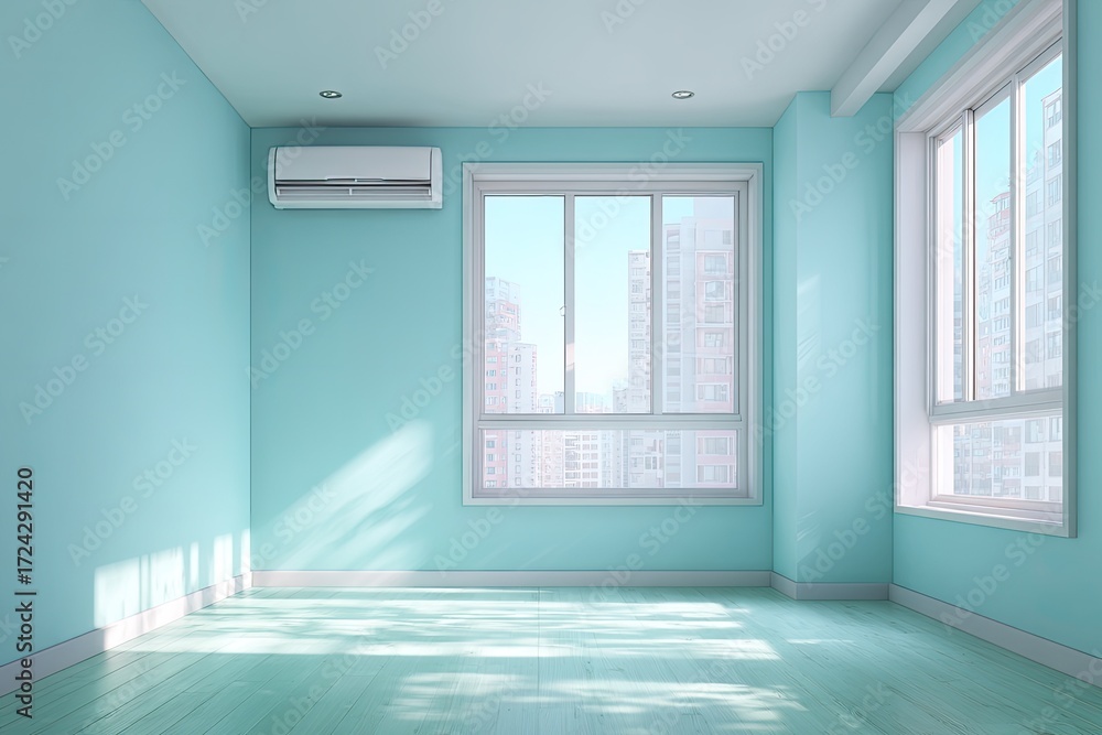 Fototapeta premium Empty light teal room with city view