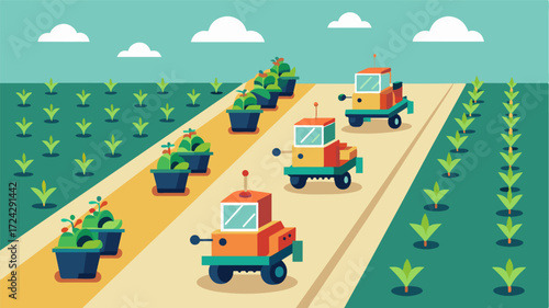 A fleet of autonomous planters working efficiently and tirelessly planting rows of crops with perfect spacing and precision.. Vector illustration